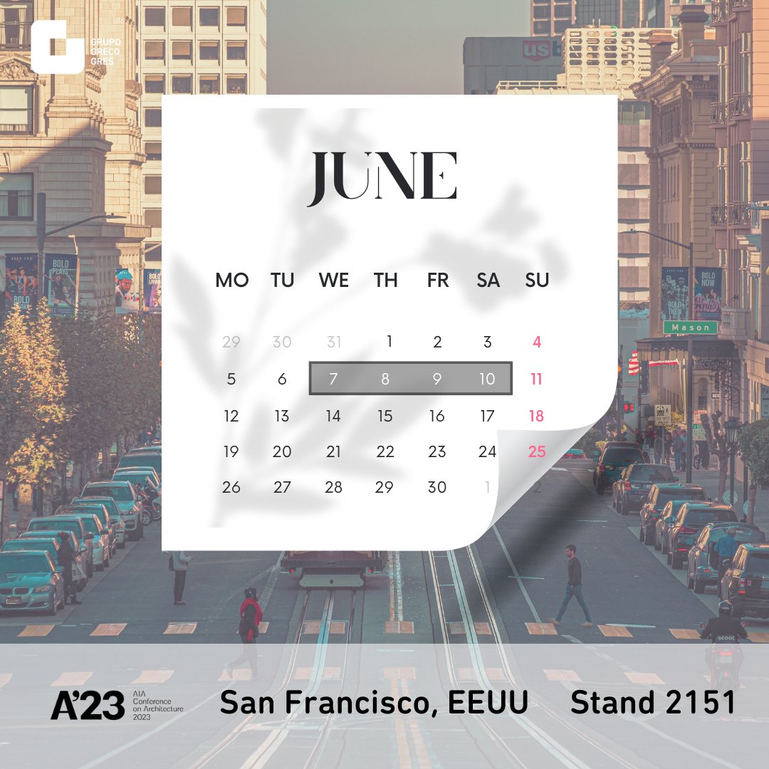 GrupoGrecoGres's tweet photo. ¡Save the date! 
We are attending in Stand 2151 
📅 7th to 10th June
🌏 San Francisco (USA)
@AIAnational #AIA #AIA23 
#GrupoGrecoGresInternacional #Frontek #Argos #Venatto #Klinker #ArchitectureAndDesign #A23Con #construction #construccion #architecture #arquitectura #innovation https://t.co/j68mvLKQkC