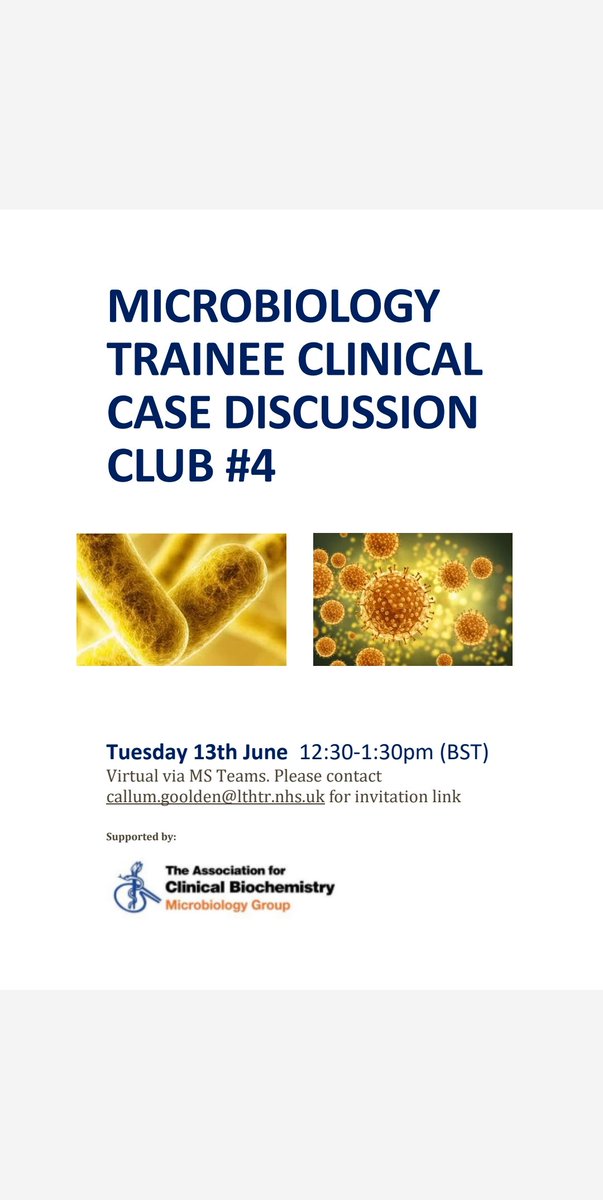 Callum Goolden (@callum_goolden) on Twitter photo Join myself, <a href="/sianjosse/">Sian Josse</a> and <a href="/ShahaanShafiq/">Shahaan Shafiq</a> for the next Microbiology Trainee Clinical Case discussion club where we will be talking through a recent outbreak scenario. Audience participation required!
See you June 13th 🔬🦠 Join myself, <a href="/sianjosse/">Sian Josse</a> and <a href="/ShahaanShafiq/">Shahaan Shafiq</a> for the next Microbiology Trainee Clinical Case discussion club where we will be talking through a recent outbreak scenario. Audience participation required!
See you June 13th 🔬🦠