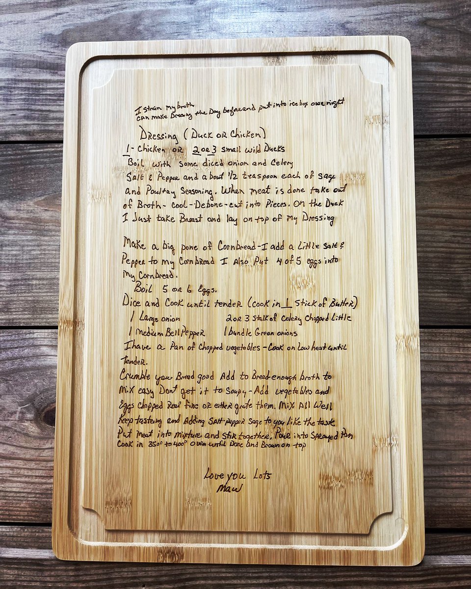 Customized Cutting Board with Recipe🔥😍
#knifeworks #knifeworksinc #cuttingboard #cuttingboards #engrave #engraved #kwengraved #engraving #woodwork #wordworks #burn #burnt #burned #dressing #yum