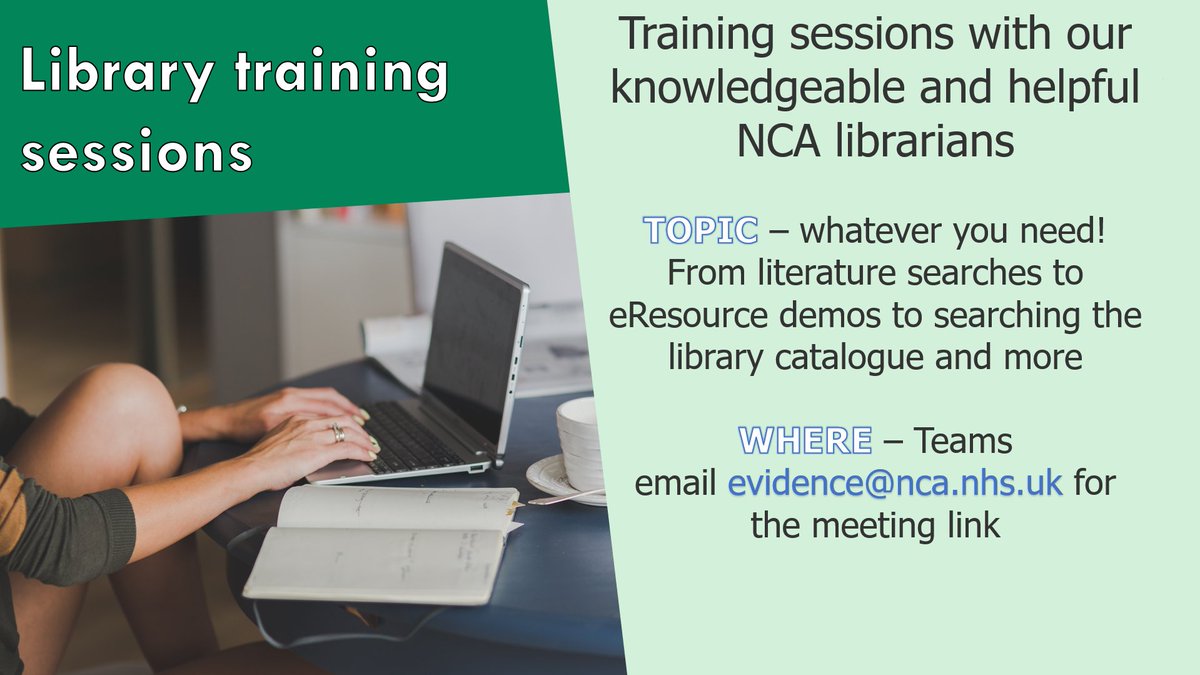 Our next drop in sessions with the NCA librarians will be 30/06/23 at 10am via Teams!

Ask whatever you need from ClinicalKey, systematic reviews, study skills and more!

Email evidence@nca.nhs.uk for the meeting link