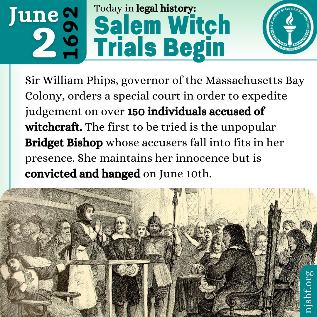#OnThisDay in 1692, the Salem Witch Trials began.
For engaging articles about the law, check out The Legal Eagle, NJSBF’s legal newspaper for kids. njsbf.org/blog/legal-eag…
#NJSBF #USHistory #Civics #Legal #SalemWitchTrials #WitchTrials