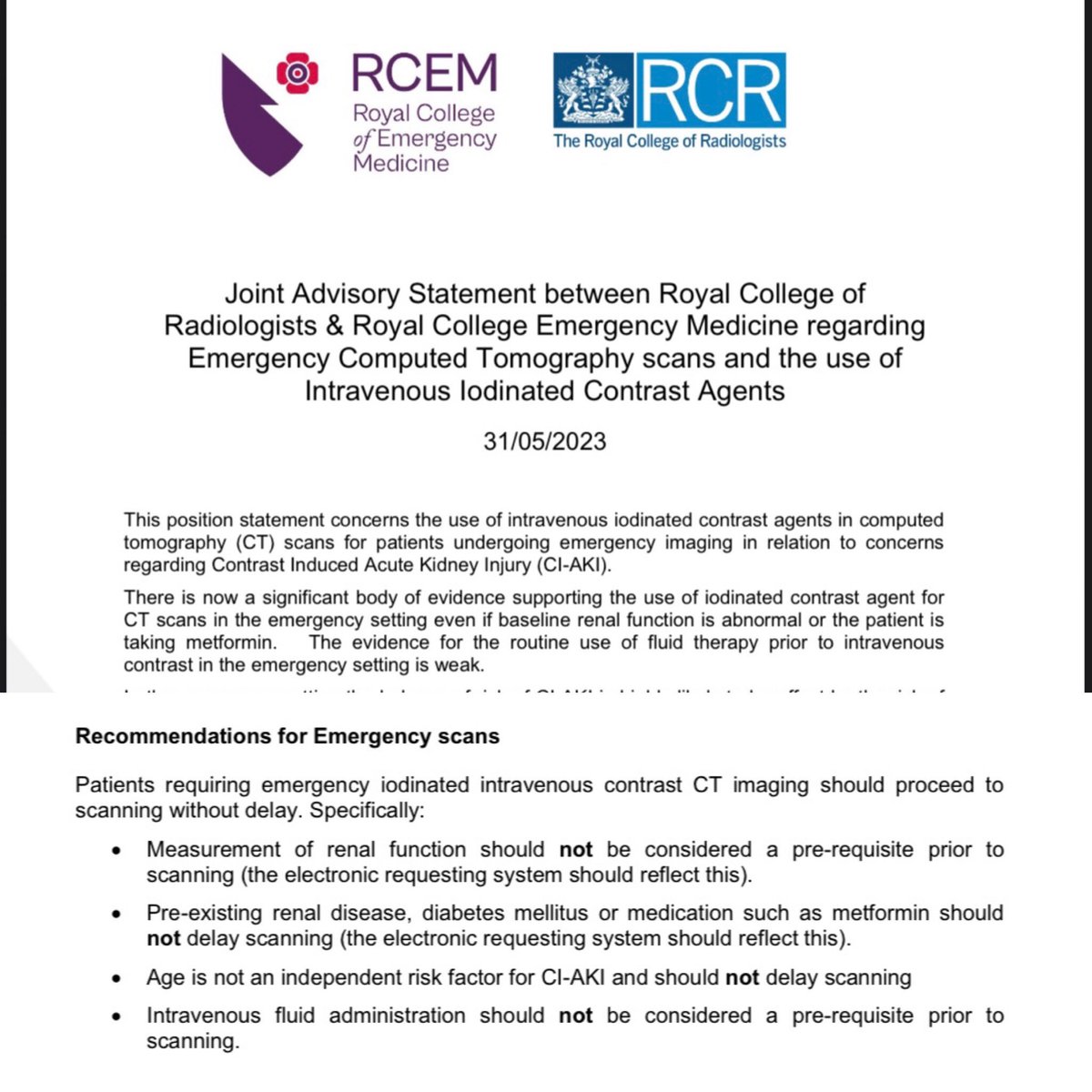Iodinated contrast for emergency scans update by RCR👇🏻👇🏻👇🏻