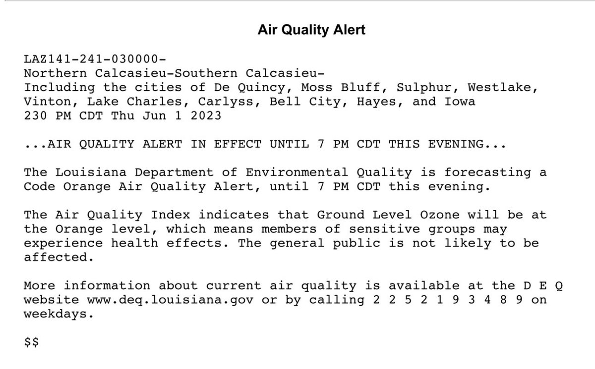 BenTerryKPLC's tweet image. Poor air quality today. Air Quality Alert until 7pm. #swla #lawx