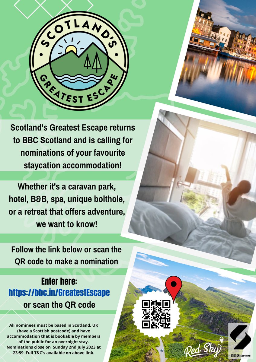 📢NOMINATIONS FOR 'SCOTLAND'S GREATEST ESCAPE 2023' ARE NOW OPEN📢
It couldn't be easier to let us know about your favourite Scottish staycation spot. Simply follow this link: bbc.in/GreatestEscape
Whether you're an escape owner or a happy holidaymaker we want to hear from you!