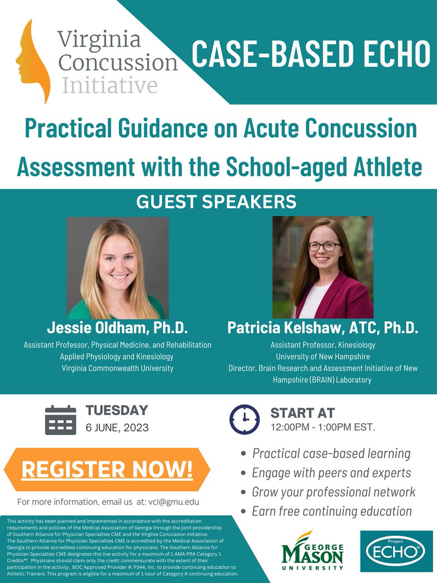 Virginia Concussion Initiative (@vci_tbi) on Twitter photo Excited for next VCI#ECHO with <a href="/jroldham/">Jessie Oldham</a> and <a href="/trish_kelshaw/">Dr. Trish Kelshaw, PhD, ATC</a> on June 6 at 12:00 pm EST. Join us and discuss pediatric concussion with these esteemed <a href="/EaRLY_TBI/">EaRLY TBI</a> researchers! Register at: echo.zoom.us/meeting/regist… <a href="/caswell_shane/">Shane Caswell</a> <a href="/MasonCEHD/">George Mason CEHD</a> <a href="/GeorgeMasonU/">George Mason University</a> <a href="/SMARTLabGMU/">SMART Lab</a> Excited for next VCI#ECHO with <a href="/jroldham/">Jessie Oldham</a> and <a href="/trish_kelshaw/">Dr. Trish Kelshaw, PhD, ATC</a> on June 6 at 12:00 pm EST. Join us and discuss pediatric concussion with these esteemed <a href="/EaRLY_TBI/">EaRLY TBI</a> researchers! Register at: echo.zoom.us/meeting/regist… <a href="/caswell_shane/">Shane Caswell</a> <a href="/MasonCEHD/">George Mason CEHD</a> <a href="/GeorgeMasonU/">George Mason University</a> <a href="/SMARTLabGMU/">SMART Lab</a>