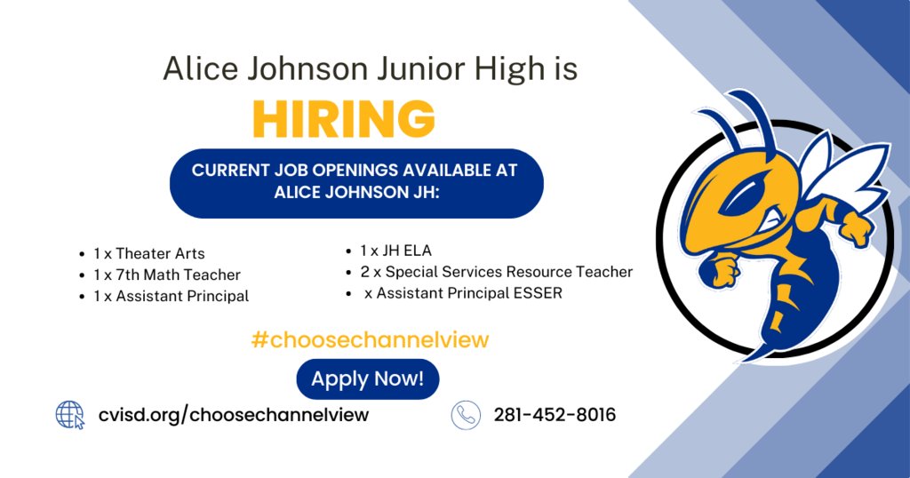 📢Come see us TODAY at our @ChannelviewISD Job Fair @ChannelviewHS 

🌟CISD is looking for some Rock Star personnel!🌟
 
Check out some of the openings @McMullanElem @crenshawcubs @BLECC_BlueJays  @AliceJohnsonJrH! 
See you @ 2:00 pm! #choosechannelview