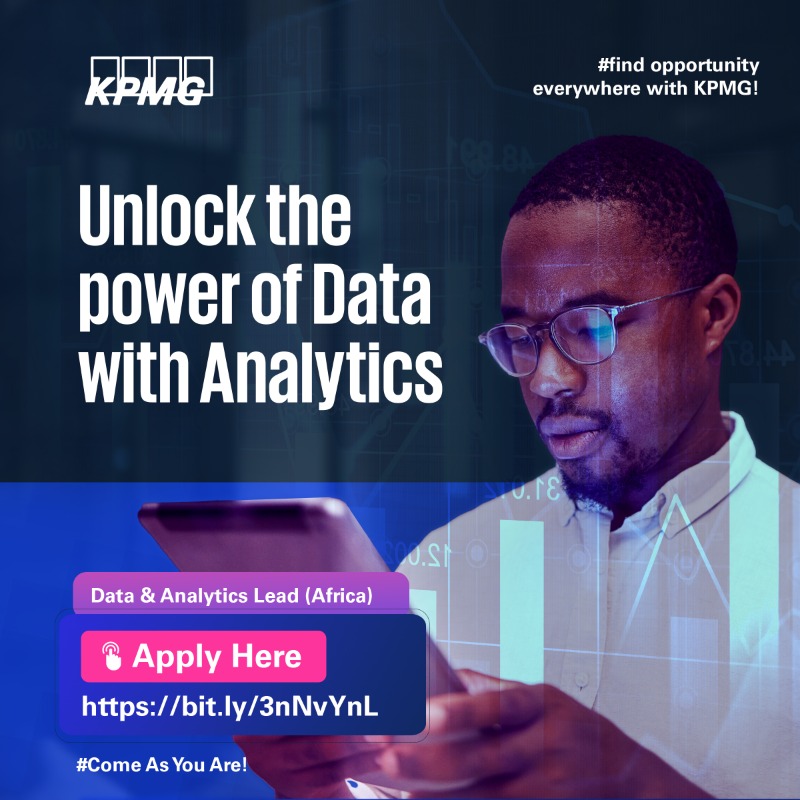 KPMG_NG's tweet photo. Take your career to the next level!

KPMG is looking to hire a Data and Analytics Lead who can manage relevant functional areas and service lines in Africa, leverage local and global KPMG artifacts, and provide subject matter expertise on data-related topics.