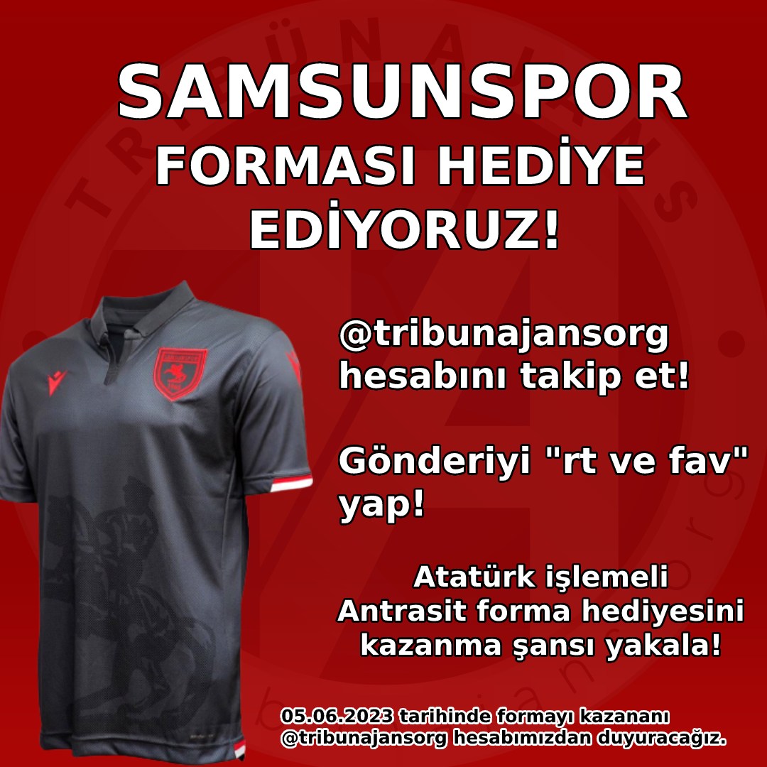 tribunajansorg's tweet photo. 🔥 Şampiyon Samsunspor'un Atatürk forması hediye!

👉 @tribunajansorg Hesabımızı takip edip bu paylaşıma "rt ve fav" yapan bir takipçimize formayı hediye ediyoruz. 

📌 Forma kazananı 5.6.2023 (Pazartesi) tarihinde açıklanacak. https://t.co/Owkj8cy4l1