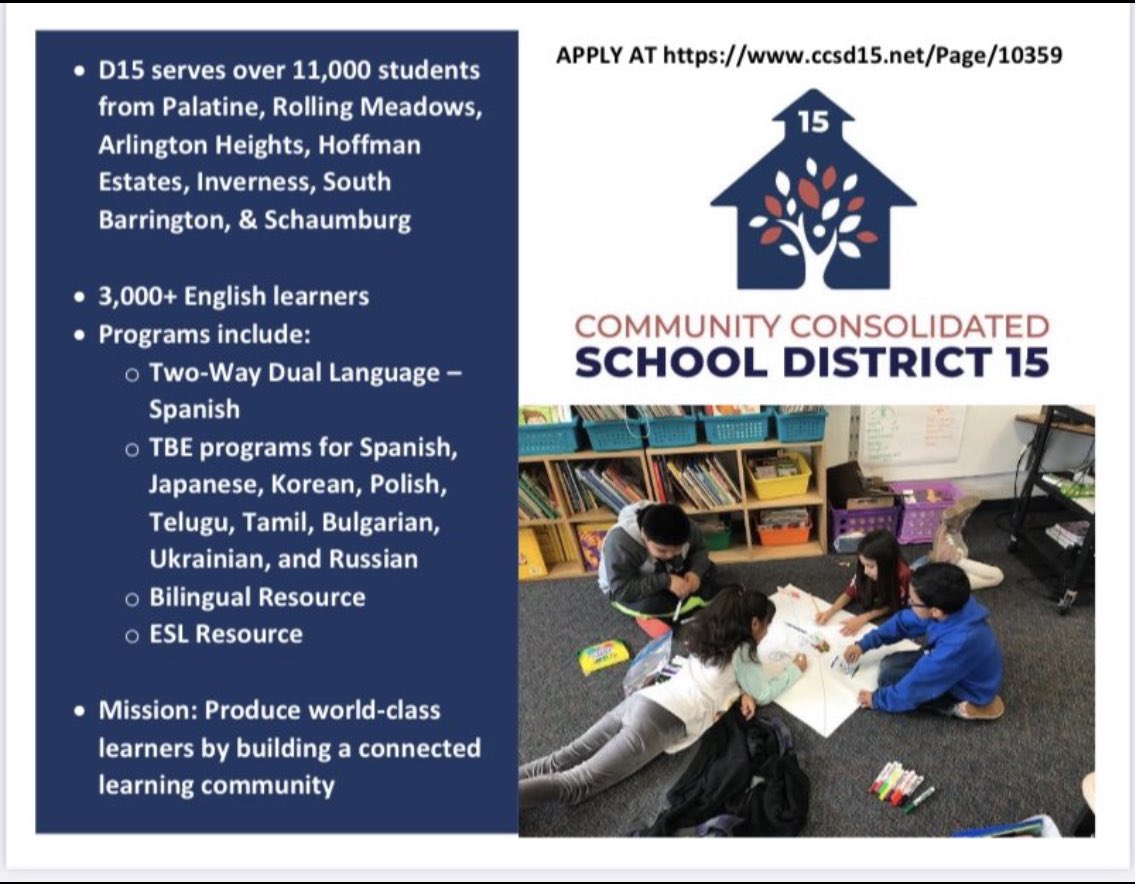 District 15 Palatine is hiring: Bilingual, Dual Language, Bilingual Resource, and Bilingual Academic Interventionist positions are available. Visit applitrack.com/ccsd15/onlinea… to apply.