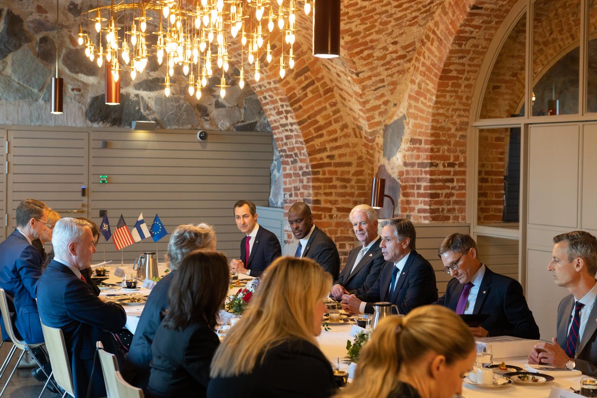 Great meeting with Finnish Foreign Minister <a href="/Haavisto/">Pekka Haavisto</a> today in Helsinki, while standing in new NATO territory.  Finland joining NATO is good for Finland, NATO, and our  collective security. I look forward to welcoming Sweden into NATO as soon as possible.