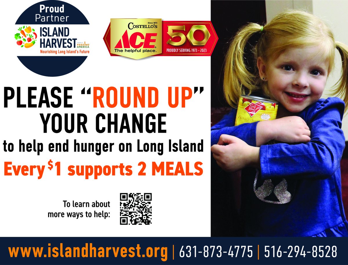 IslandHarvest's tweet photo. We are happy to once again be partnering with @costellosace for their "Round Up" campaign during June. Make a purchase at your local Costello's Ace and round up your change to support #IslandHarvest! https://t.co/E30okcFENn