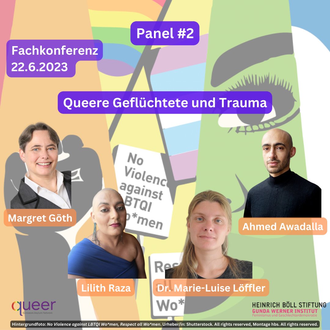 QueerEuroAsylum's tweet photo. Im 2. Panel widmen wir uns mit unseren Fachreferent*innen Margret Göth (@mannheim_de), Lilith Raza (@LSVD), Ahmed Awadalla, und Dr. Marie-Luise Löffler (@heidelberg_de) dem Themenkomplex Trauma und queeres Asyl.

Programm &amp; Anmeldung hier:
https://t.co/myP8Pb0h2o

#QueerAsylum https://t.co/PUfToFIf9E