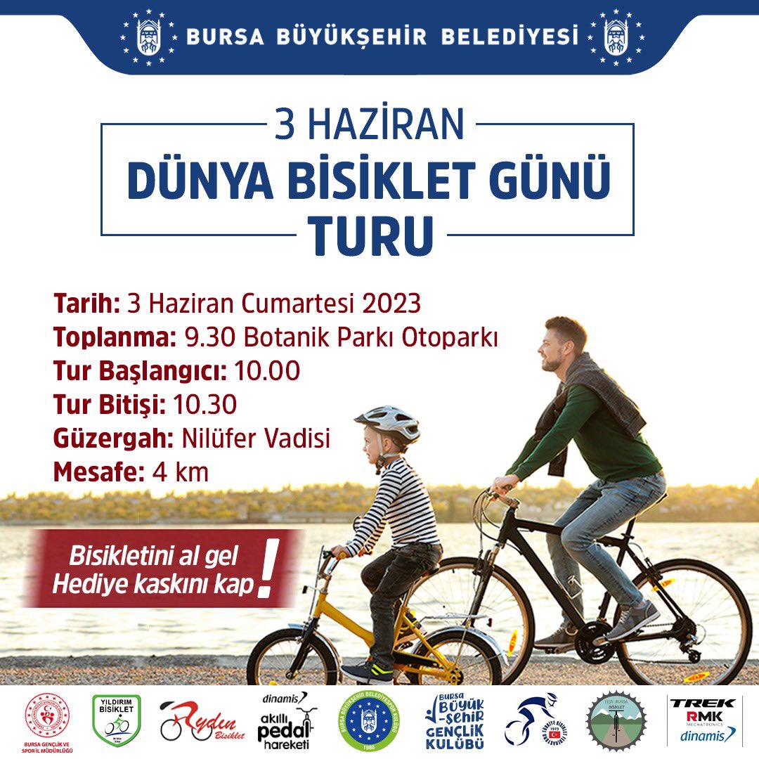 📢 Bursa! 🤜🤛

#3Haziran #DünyaBisikletGünü için hep birlikte Nilüfer Vadisi boyunca pedallamaya var mısın❓ 🚴‍♂️ 

Bisikletini al gel, Botanik Otoparkı’nda buluşuyoruz!😉🚲 Hediye Kask bizden 😉

⏰ Toplanma saati 09.30