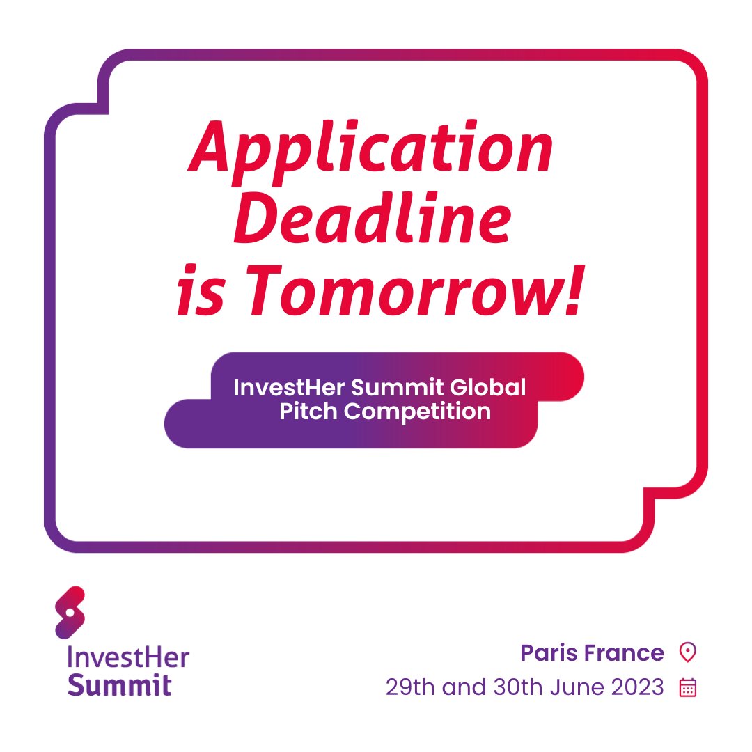Are you a woman entrepreneur in AI/Deeptech/Web3, Fintech, Blockchain, Crypto, Femtech, HealthTech, Medtech, Green/Blue Economies, Cleantech &amp; Agrifood/AgriTech? APPLY TODAY, deadline is June 1st 👉bit.ly/InvestHerSummi… Apply to Pitch in Paris 🇫🇷 at the #InvestHerSummit2023