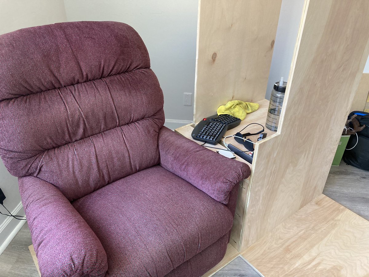 The arm chair battle station is coming along!

Took an insane amount of work just to get to this, but I’m loving working with plywood and pocket screws.