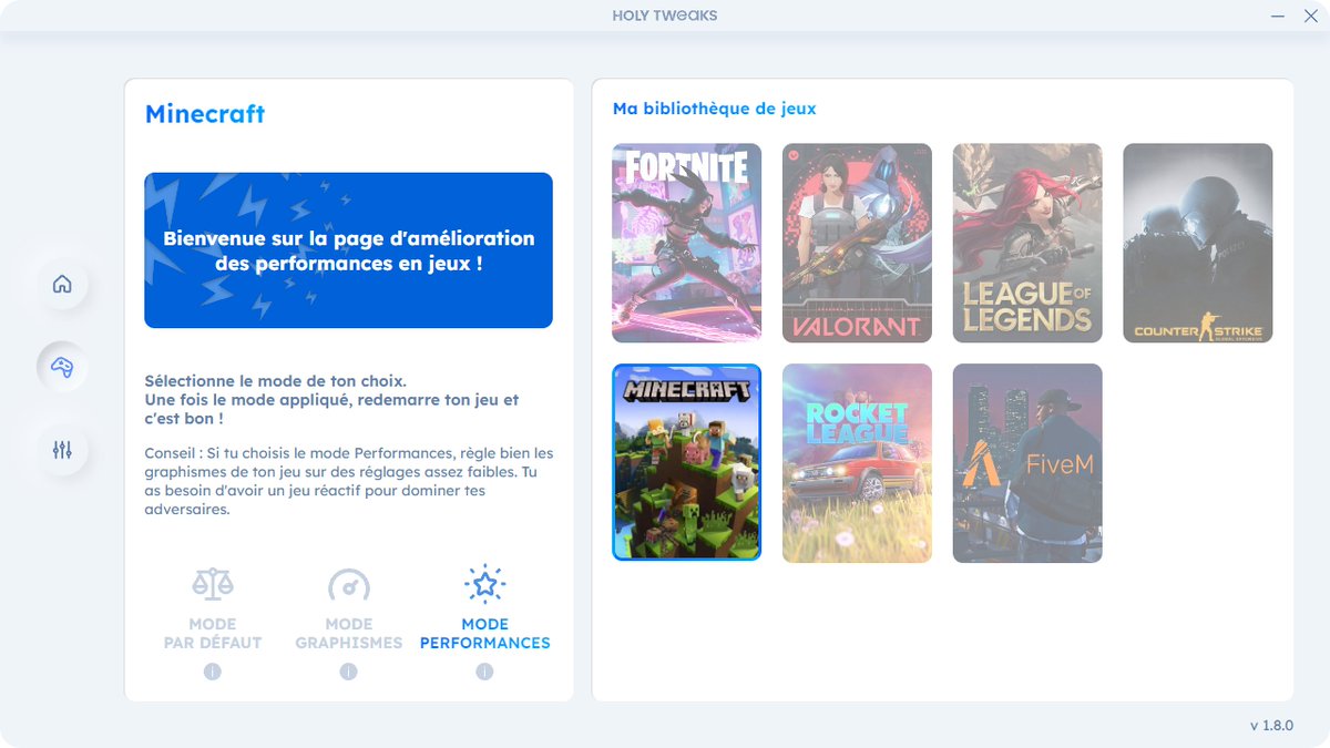 📢 ALERTE MAJ  | V 1.8.0
▫️  C’est l’heure !!!

⭐ Five M,
🔫  CSGO, 
⛏️  Minecraft, 
🚗💨Rocket League,

Ont été ajoutés dans la bibliothèque de jeux à optimiser ! Amusez-vous bien 🚀

#FiveM #CSGO #Minecraft #RocketLeague