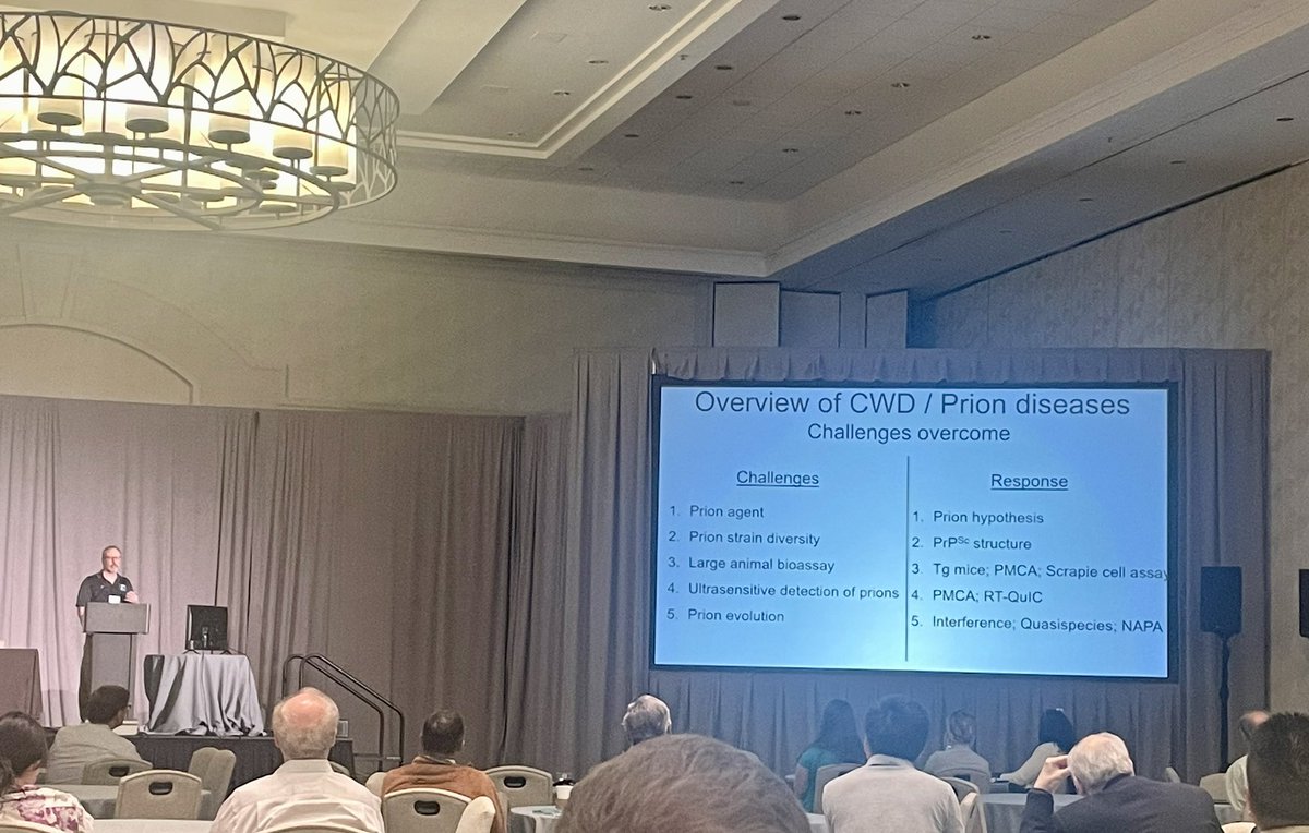 CorinaCValencia's tweet photo. Dr. Jason C. Bartz states that #CWD poses difficult problems, but he is energized to get back to work on difficult, but not impossible problems. He believes that this is a field that has done the impossible. #internationalcdwsymposium https://t.co/6BPyfDH89g