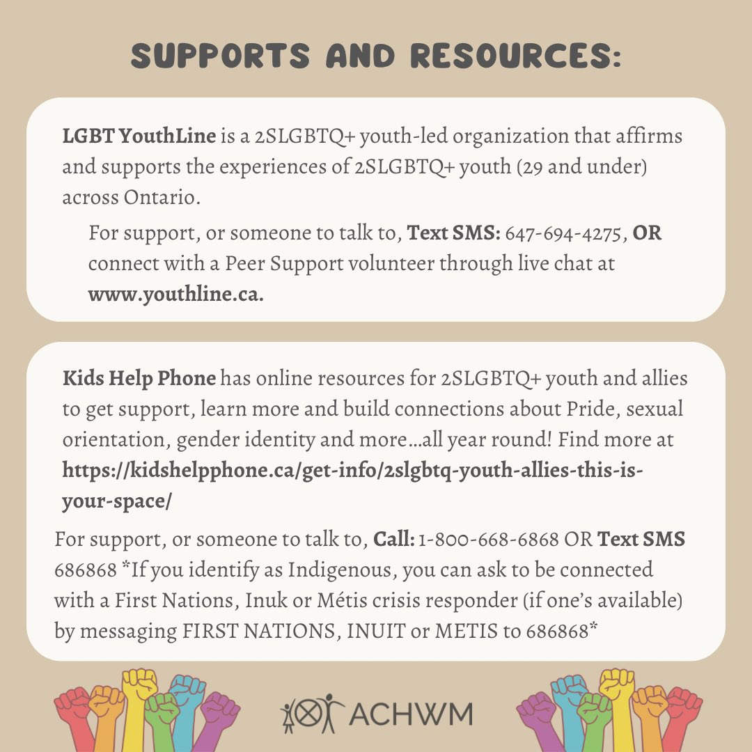 Happy #PrideMonth from the ACHWM Team! We have included a couple of Supports/Resources you can reach out to if needed!

#ACHWM #HappyPride #Pride2023