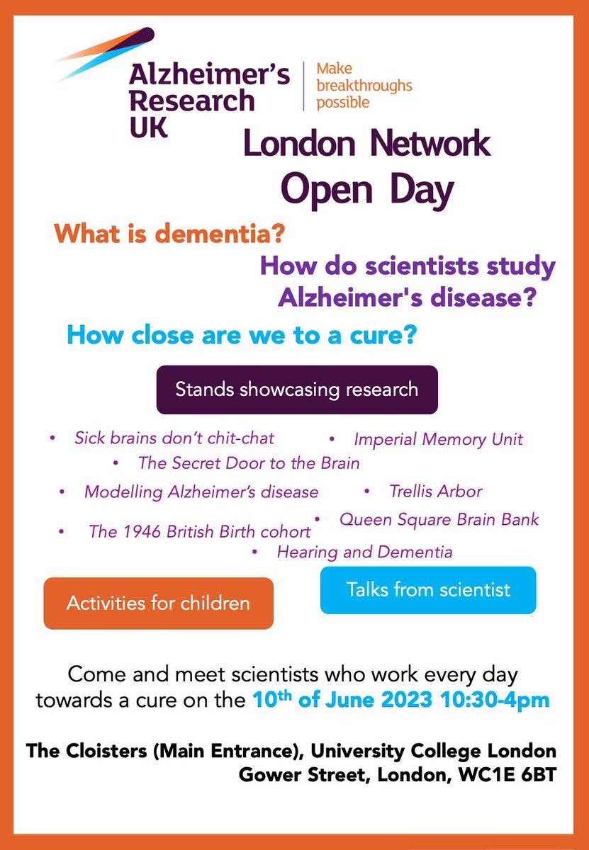 Join us on the 10th of June for the @ARUKscientist London Network Open Day to learn about dementia research! All ages welcome. Grab your ticket: eventbrite.com/e/alzheimers-r…