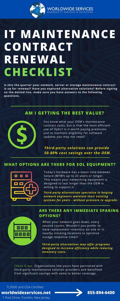 WWSITsolutions's tweet image. ☞ Is your Network, Server or Storage maintenance contract coming up for renewal? Check out our handy IT Maintenance Contract Renewal Checklist infographic to assist in the process. #maintenance #service #network #ITmaintenance #itsolutions #smartnet ✅