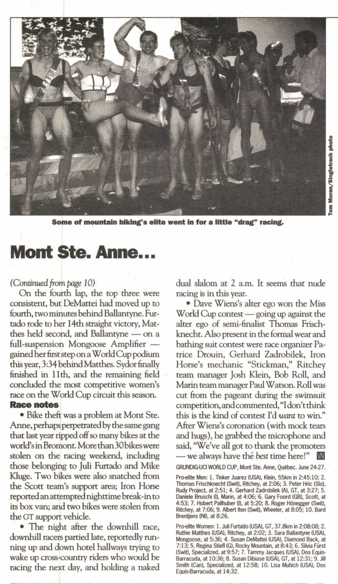 Our escape from the cold embrace of the grave coincides with #Pride. Let's celebrate that with a post-race drag show from the 1993 Mont Ste. Anne MTB World Cup. 

We understand (in the loosest sense of the word) that this sort of thing is somewhat controversial now.