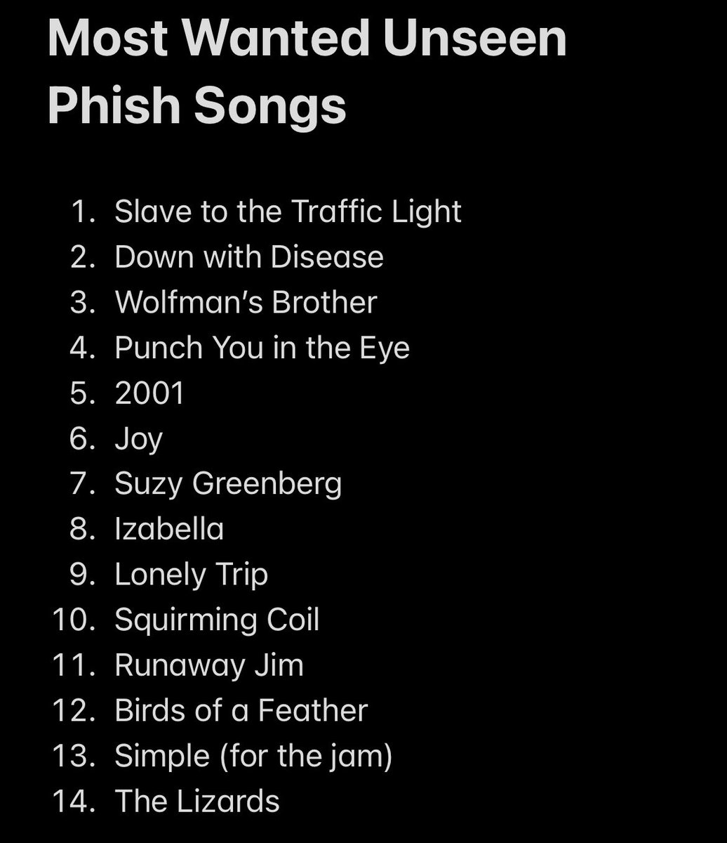 Since I wasn’t able to make Panic RRX happen this year, my next concert run will be Phish in July. Will be hitting shows 6-10 in Huntsville and Alpharetta.

Thinking about the songs I want to catch for the first time