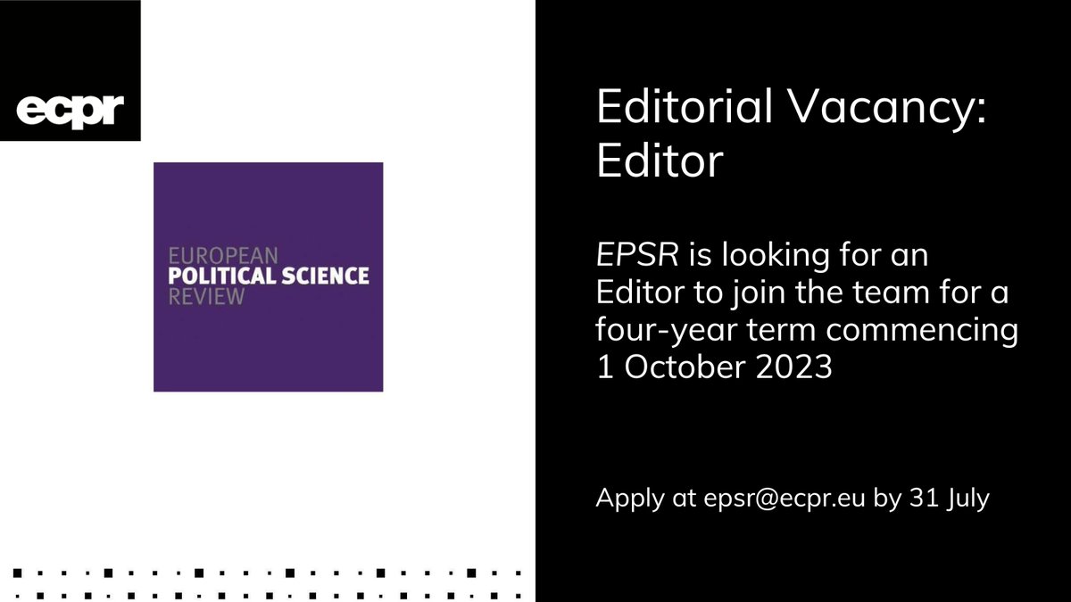 📢 Applications now open!

🌟 We are #hiring a dynamic political scientist with experience in journal publishing & strong international networks to join our team as Editor

🗣️ Applications open until 31 July 2023

Learn more 👉 bit.ly/45Fr0eq
#PolSciJobs #EditorialJobs
