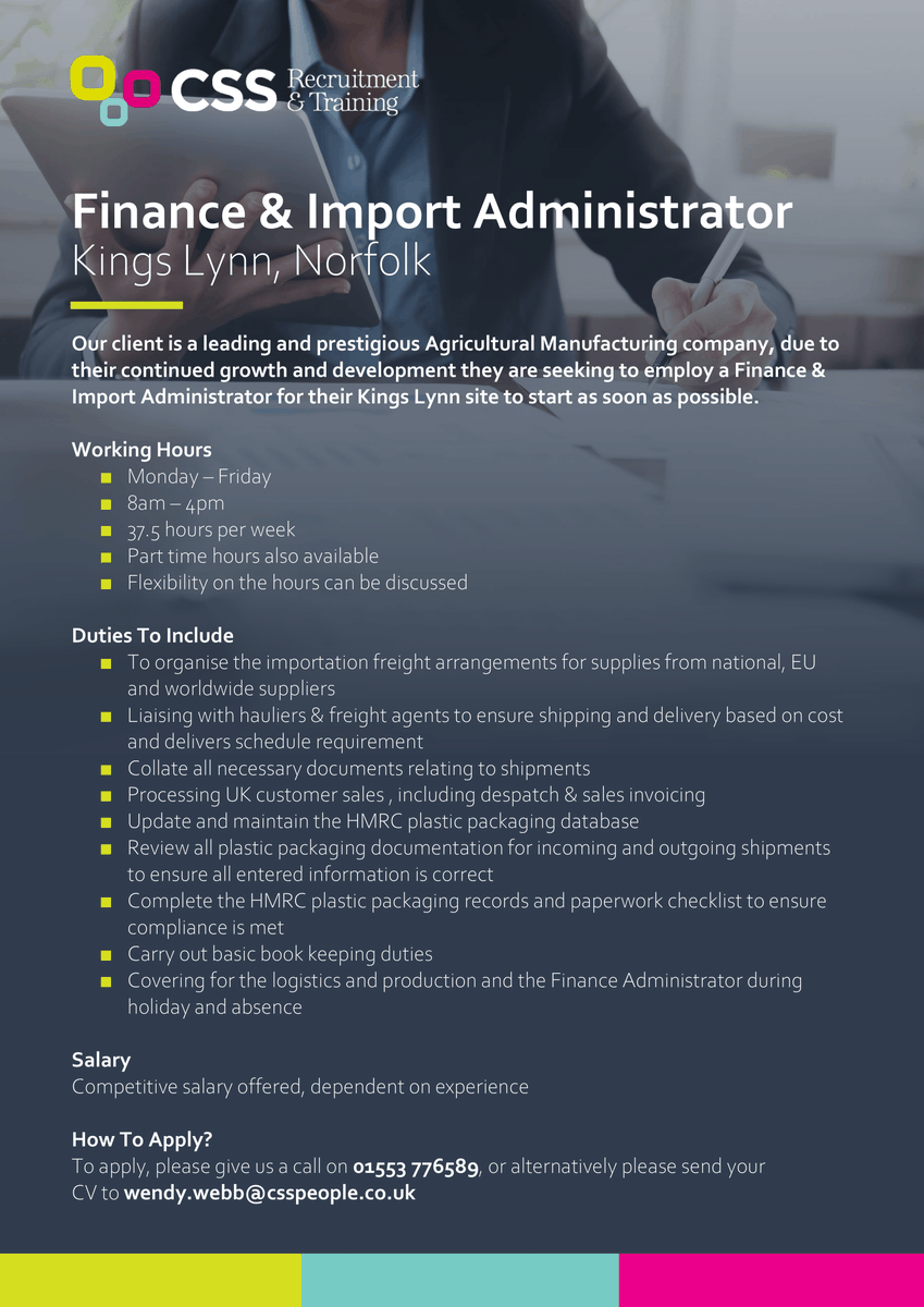 Looking for a new role 👀

👉 Finance & Import Administrator 
💷 Competitive Salary
📍 Based in Kings Lynn, Norfolk

☎️ Please call us today on 01553 776589
📧 Or email wendy.webb@csspeople.co.uk

#Jobs #JobSearch #JobHunt #Administrator #AdminJobs #PermanentJobs #NorfolkJobs