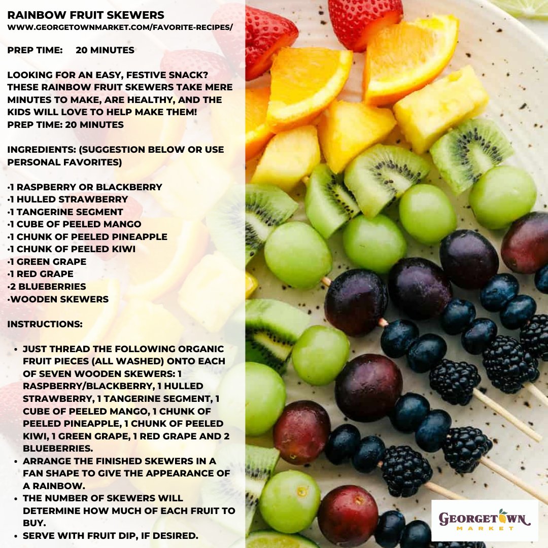 GeorgetownMarkt's tweet image. Looking for an easy, festive snack? These rainbow fruit skewers take mere minutes to make, are healthy, and the kids will love to help make them! Find this healthy recipe and 100 more on our website at georgetownmarket.com/category/favor…