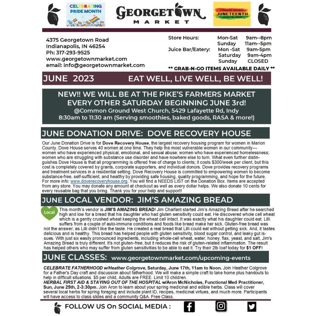GeorgetownMarkt's tweet image. Here&apos;s our in-store print mini newsletter. New Classes, our June Donation Drive for Dove House, our Local Vendor of the Month, Jim&apos;s Amazing Bread &amp;amp; more! For a complete version, go to georgetownmarket.com/news