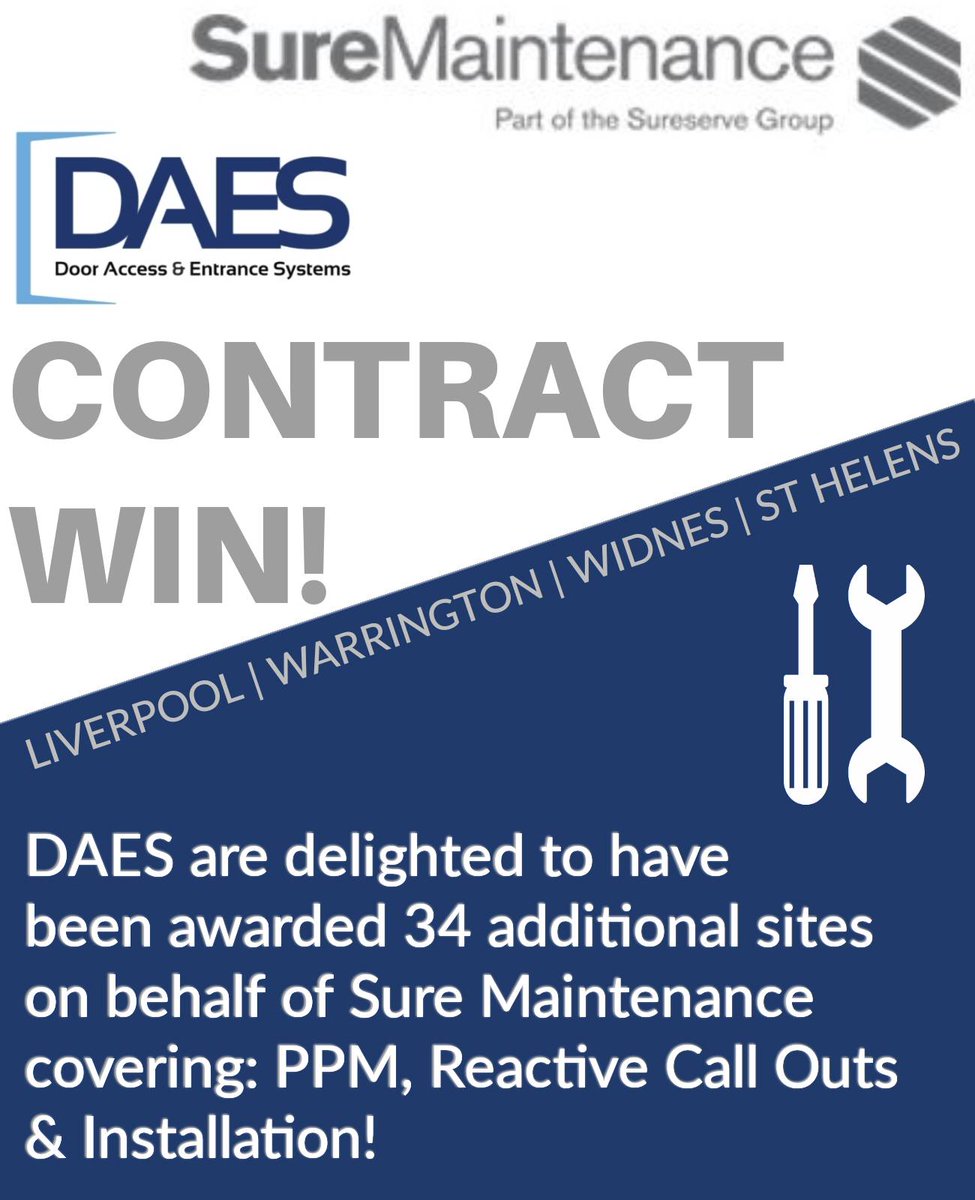 We are really feeling those #FRIDAYFEELS 🙌🤩🤝

@DAESLTD are delighted to have been awarded further coverage areas on behalf of @SureMaintenance for #Service #Repair & #Installation of #AutomaticDoors #RollerShutters #Gates & #Barriers 👷‍♂️🔧 

#ContractExpansion #ContractAward 🏆