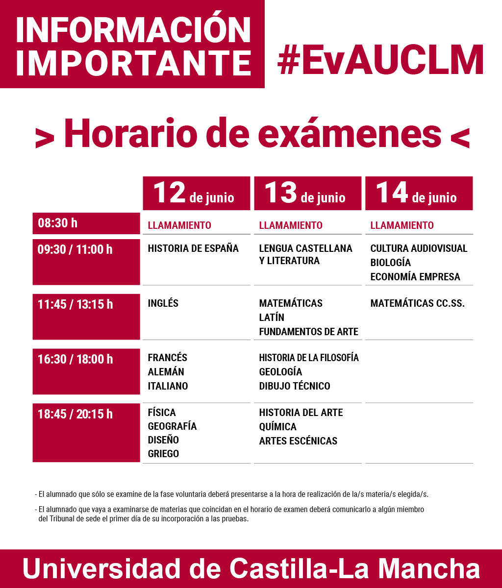 Más de ocho mil estudiantes concurrirán a la EvAU en la <a href="/uclm_es/">Universidad de Castilla-La Mancha</a> los días 12, 13 y 14 de junio.
Los resultados se publicarán el 16 de junio.
uclm.es/noticias/notic…