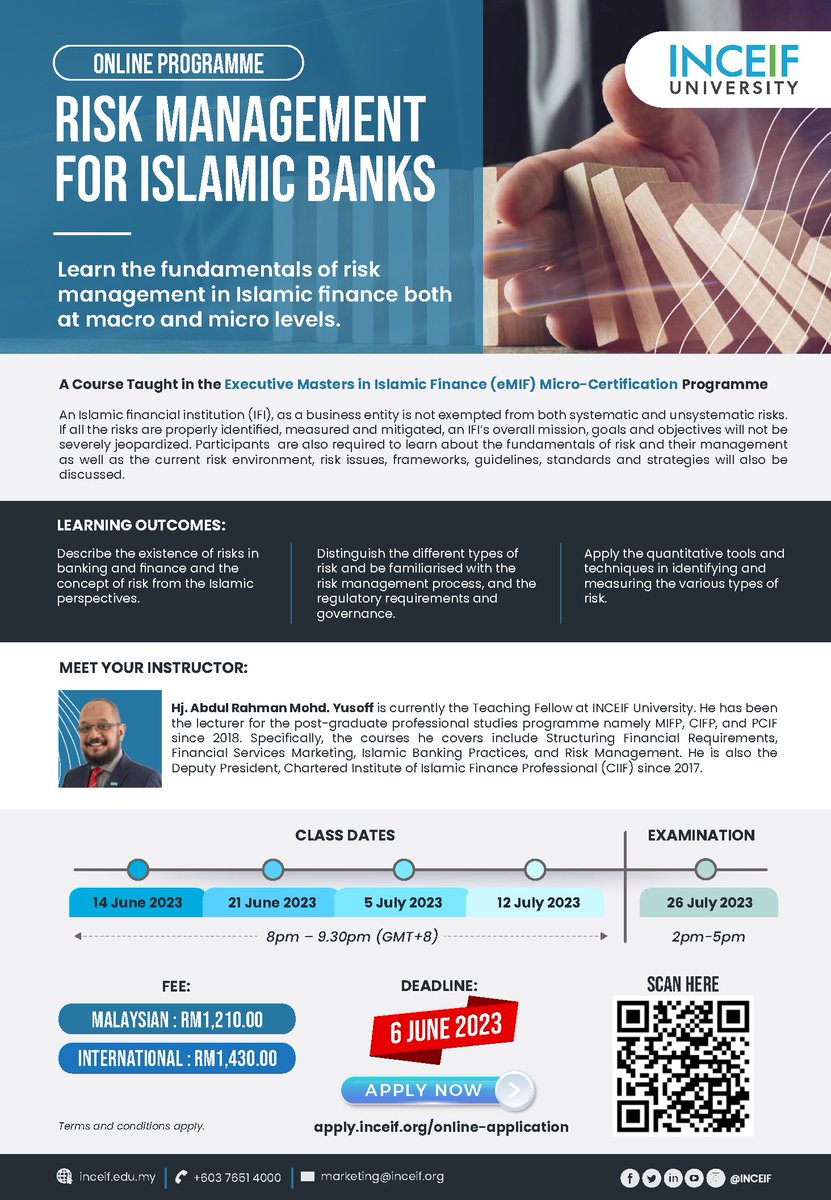 INCEIF's tweet image. Gain expertise in Islamic finance with INCEIF University&apos;s Micro Certification Programme. Enrol now, complete in 3 months through webinars. Application deadline: 6 June 2023. Don&apos;t wait, secure your spot today! #IslamicFinance #microcertification