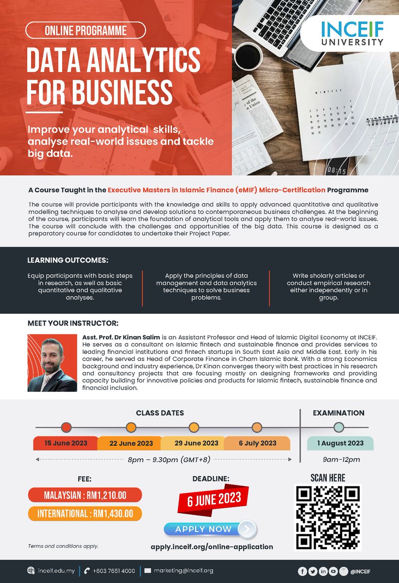 INCEIF's tweet image. Gain expertise in Islamic finance with INCEIF University&apos;s Micro Certification Programme. Enrol now, complete in 3 months through webinars. Application deadline: 6 June 2023. Don&apos;t wait, secure your spot today! #IslamicFinance #microcertification