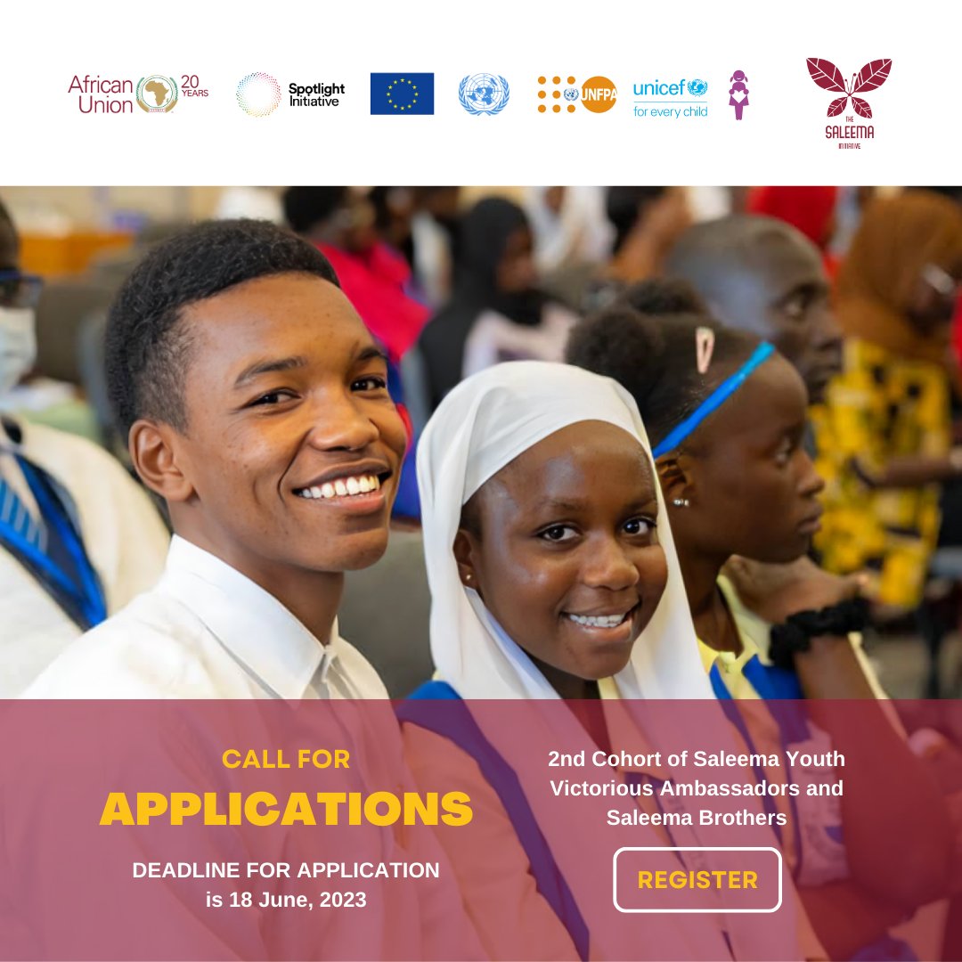📢Attention young champions!

 #ApplyNow  for the 2nd cohort of Saleema Young Ambassadors🙌🏽 
Represent your region and join us to eliminate harmful practices💪🏽 

Apply here 👉rb.gy/mrsac

@GlobalSpotlight @_AfricanUnion @BornSaleema @EU_Partnerships 

#EndFGM #FGM