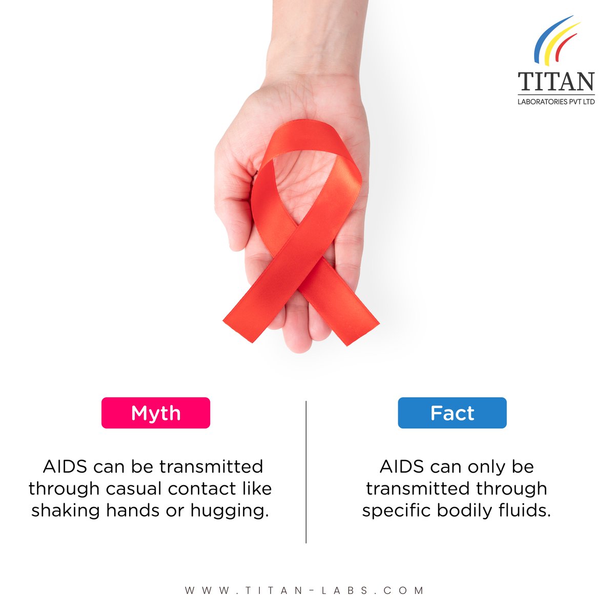 Breaking the Myth: AIDS is transmitted through certain bodily fluids like blood, semen, vaginal secretions, and breast milk.
.
#aids #aidsawareness #mythandfact #informational #bodyfluid #healthylifestyle #healthyliving #tipsforhealth #titanlaboratories #titanlaboratoriespvtltd