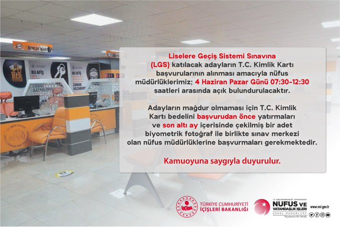 ✍️ Pazar günü gerçekleştirilecek Liselere Geçiş Sistemi Sınavı (LGS) için nüfus müdürlüğümüz açık olacaktır.  Sınava girecek adaylara başarılar dileriz.

#LGS 
#HayatınızınHerAnında
<a href="/TCNufus/">Nüfus ve Vatandaşlık İşleri Genel Müdürlüğü</a>