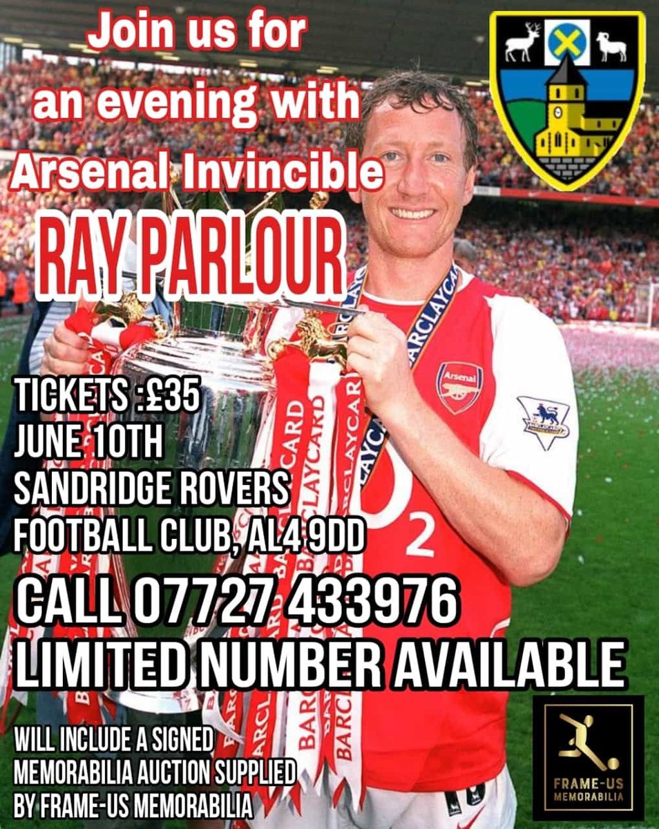 Just a reminder that tickets are still available for the Ray Parlour night, please message the number below for tickets