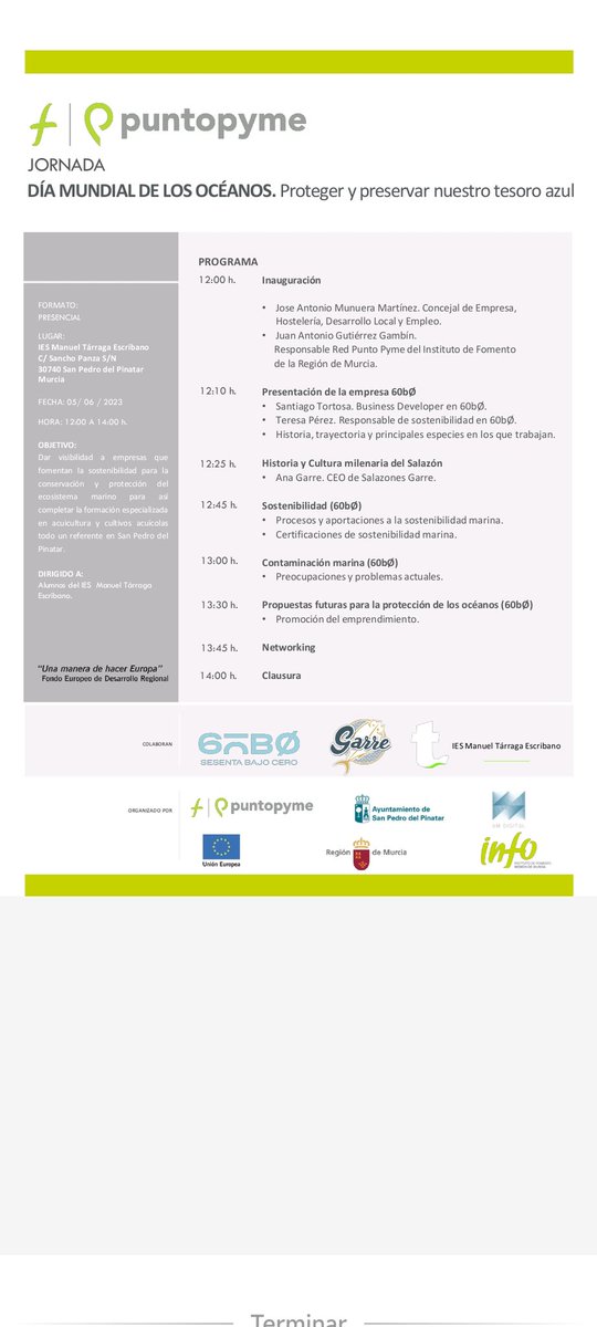 El próximo lunes 5 de junio, los alumnos de los ciclos formativos de Cultivos Acuícolas y Acuicultura, participarán en la jornada "Día mundial de los océanos", iniciativa que cuenta con el apoyo del Instituto de Fomento de la Región de Murcia.

Gracias.