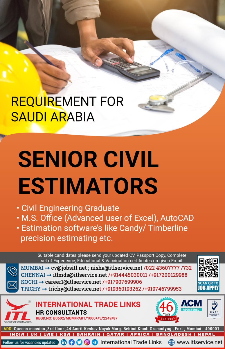 ItlJobs's tweet image. JOB VACANCY FOR #saudiarabia

Interested candidates, please send your updated CV on given emails
Learn more : itlservice.net

ITL H.O Location : bit.ly/3Nd5qXQ

#senior #civilestimator #estimator #estimation #engineering #supervisorjobs #technician #itl #saudi