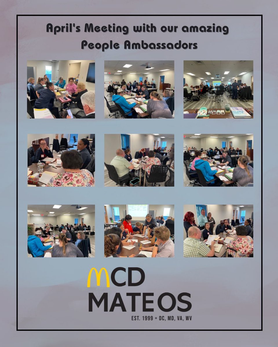This is our second meeting with “people ambassadors”. It was a great time with all of them and very productive day. 
#mcdmateos 
.
.
#proudorganization #peopleambassador #community #teamleader #teammeeting #hagerstown #maryland #mcdonalds