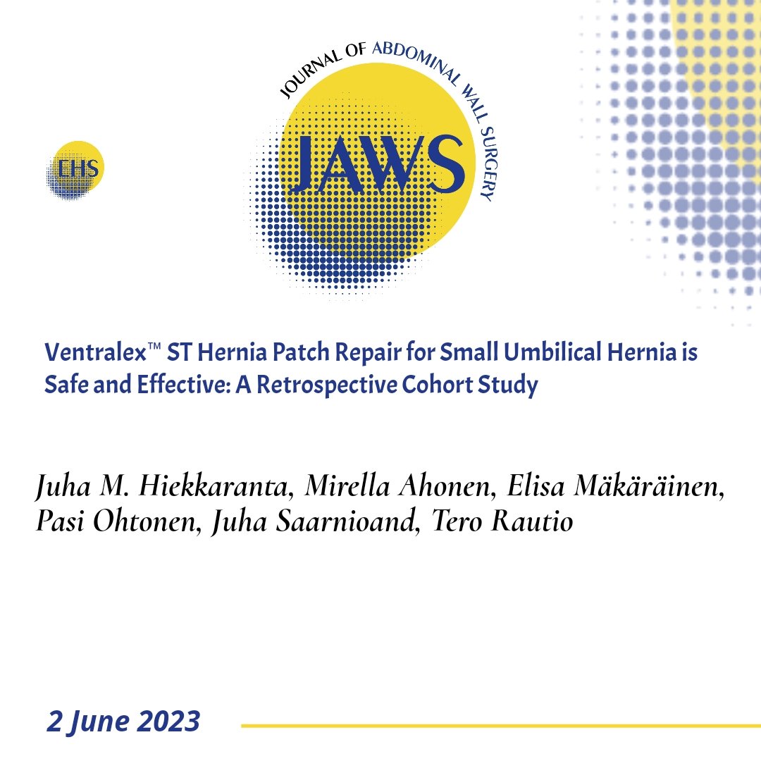 bit.ly/3MLwGe3 Ventralex™ ST #HerniaMesh Repair for Small #UmbilicalHernia is Safe and Effective: A Retrospective Cohort Study.

#HerniaSurgery #OpenAccess #JoAWS