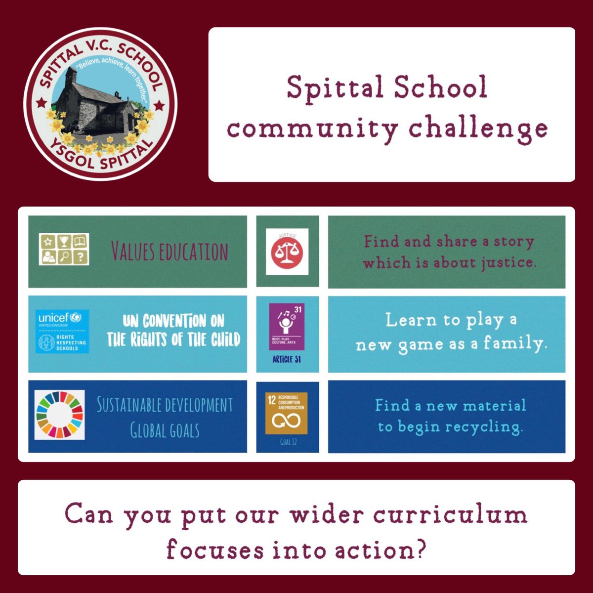 Spittal C.i.W.V.C. School (@spittalschool) on Twitter photo End of a half term and time to see if we can put our wider curriculum focuses into action with our school community challenges! We can’t wait to see what you’ve tried!
#cysylltiedig #reflection #Cymuned #MakingConnections #UNCRC #RRS #VALUES <a href="/healthyschools_/">Healthy Schools</a> <a href="/childcomwales/">Comisiynydd Plant | Children's Commissioner Wales</a> End of a half term and time to see if we can put our wider curriculum focuses into action with our school community challenges! We can’t wait to see what you’ve tried!
#cysylltiedig #reflection #Cymuned #MakingConnections #UNCRC #RRS #VALUES <a href="/healthyschools_/">Healthy Schools</a> <a href="/childcomwales/">Comisiynydd Plant | Children's Commissioner Wales</a>