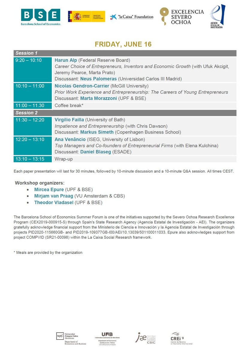 Theo Vladasel (@theovladasel) on Twitter photo 📢Excited for this year's <a href="/bse_barcelona/">Barcelona School of Economics</a> Summer Forum on #Entrepreneurship, including 10 awesome papers and a keynote by the great <a href="/OSorenson/">Olav Sorenson</a> <a href="/uclaanderson/">UCLA Anderson School of Management</a>!
For details and full program, see: bse.eu/summer-forum/w…
CC: <a href="/MvP_VanPraag/">Mirjam van Praag</a> <a href="/mircea_epure/">Mircea Epure</a> <a href="/econ_empresaUPF/">Economia i Empresa UPF</a> #bseforum 📢Excited for this year's <a href="/bse_barcelona/">Barcelona School of Economics</a> Summer Forum on #Entrepreneurship, including 10 awesome papers and a keynote by the great <a href="/OSorenson/">Olav Sorenson</a> <a href="/uclaanderson/">UCLA Anderson School of Management</a>!
For details and full program, see: bse.eu/summer-forum/w…
CC: <a href="/MvP_VanPraag/">Mirjam van Praag</a> <a href="/mircea_epure/">Mircea Epure</a> <a href="/econ_empresaUPF/">Economia i Empresa UPF</a> #bseforum