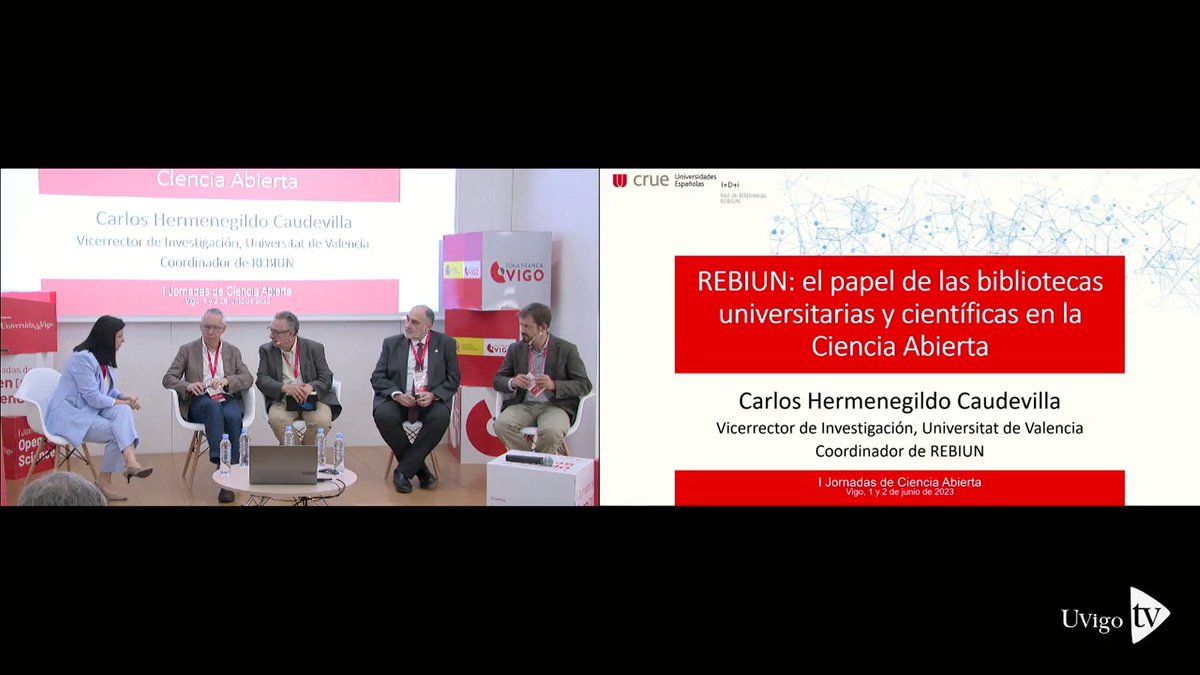 rebiun's tweet photo. 🟥 Comienza «Taller de Ciencia Abierta: una visión práctica» en la #JornadaOpenScience de @CrueUniversidad con nuestro coordinador, Carlos Hermenegildo, Vicerrector de Investigación de la @UV_EG. Modera @ignasi, Delegado del rector para la ciencia abierta, @crai_ub (continúa 🧵) https://t.co/34mXjMvbyG
