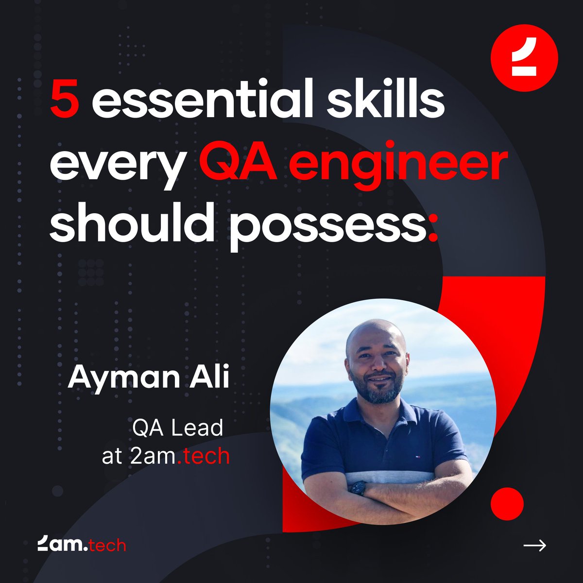 2amtech's tweet photo. Stay ahead of the QA game!
Our QA lead Ayman Ali sheds light on the skills that set QA engineers apart, providing insights into delivering software excellence.
#qa #softwareexcellence #qaengineers #softwaredevelopment #beyondsoftware #skilldevelopment https://t.co/XejwFkrAr2