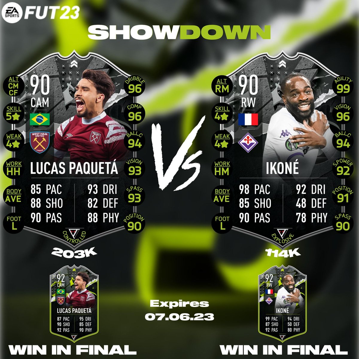 🆕 UECL Final Showdown cards 🆕

Ikoné looks like a cracking idea with Serie A tots cup just about to land.

Paquetá looks good value for the card but really needs the upgrade to stand out amongst cards at this stage.

Who will you be completing?  Comment down below 👇