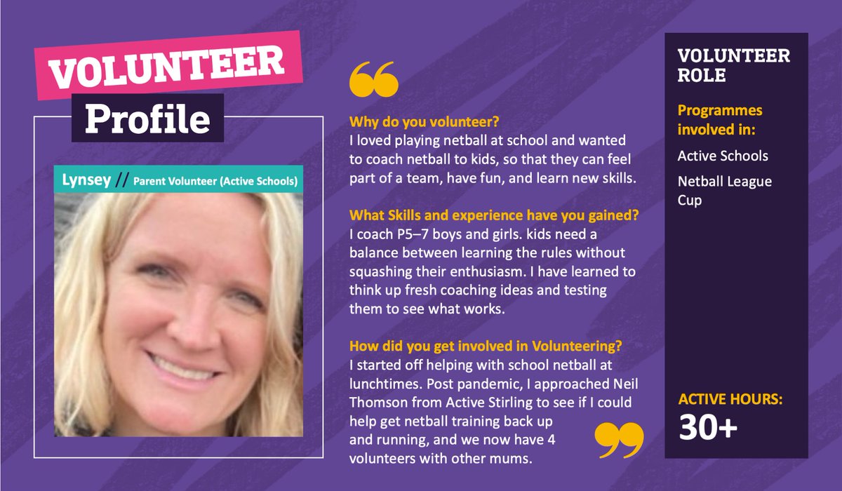 Volunteers Week 2023
Today our spotlight is on Lynsey, a Parent Volunteer with Active Stirling, who has given 30+ hours #ServingOurCommunities
#Stirling #Volunteer #ActiveStirling #VolunteersWeek #VolunteersWeekScot #Parent 
@StirlingCouncil @VolWeekScot @ActiveSchoolStg