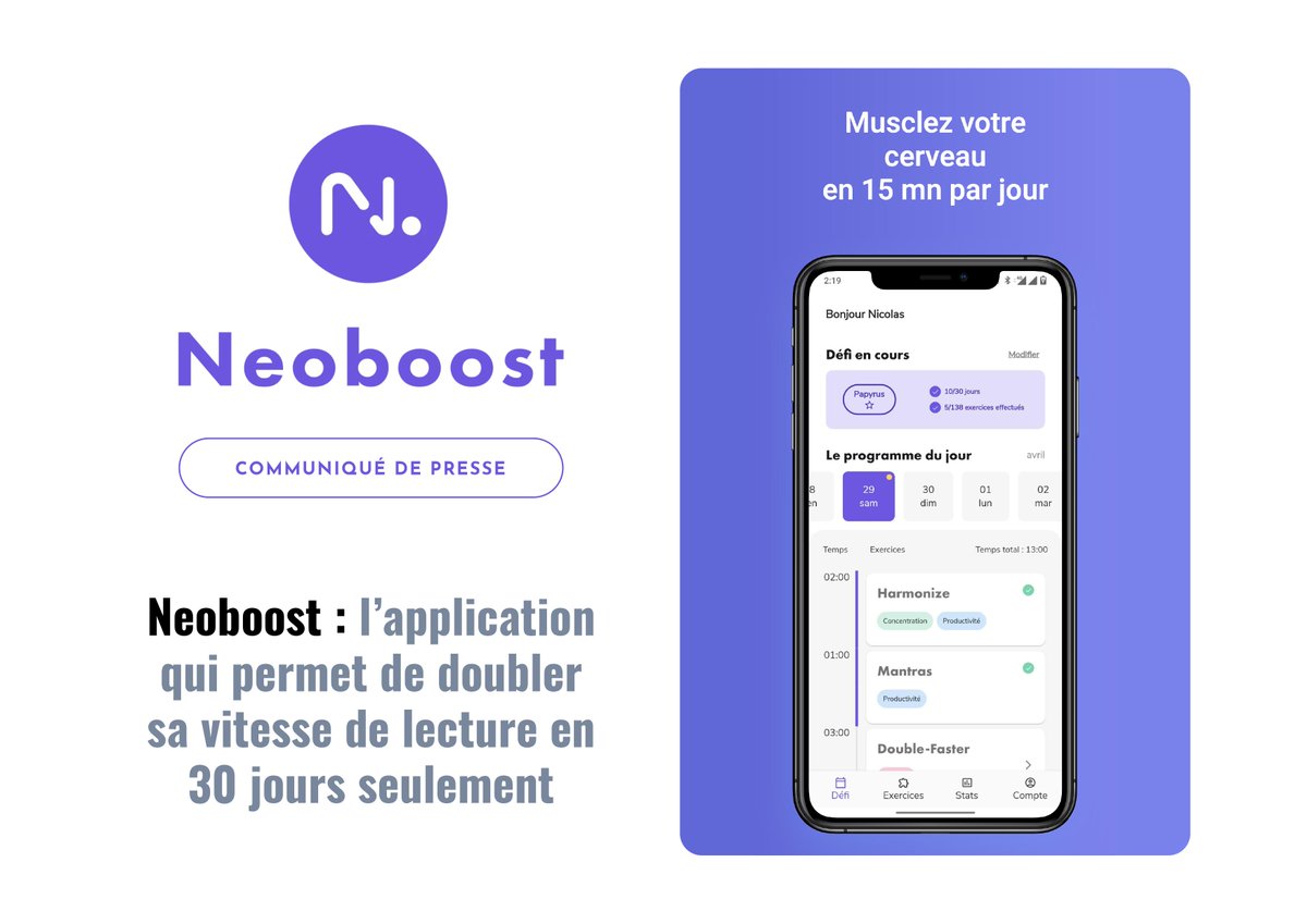 Do you know some people who would like to train their brain and increase their reading speed?
Our new app Neoboost.app if available on Apple Store and Google Play! 
#SpeedReading #app #lecturerapide #braintraining