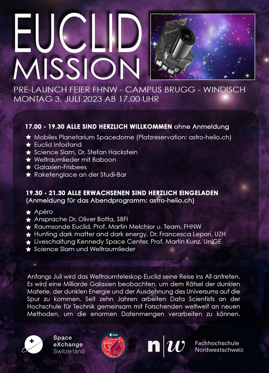 🚀🚀🚀Nicht verpassen: am 3. Juli feiern wir den Start des Weltraumteleskops Euclid <a href="/FHNW/">Fachhochschule Nordwestschweiz FHNW</a> Campus Windisch – am Nachmittag mit Kindern🎈, am Abend die Erwachsenen🥂

Alle sind herzlich eingeladen!
Deine Anmeldung hilft uns planen  astro-helio.ch

<a href="/FHNWTechnik/">Hochschule für Technik und Umwelt FHNW</a> <a href="/ESA_Euclid/">ESA's Euclid mission</a>